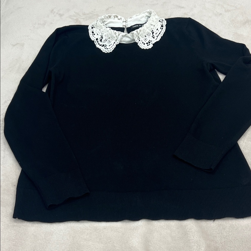 Cable & Gauge Black Sweater with White Crochet Collar